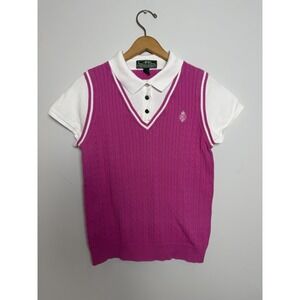 Ralph‎ Lauren Womens Cable Knit Sweater Vest Shirt Large Pink Logo Tennis Preppy